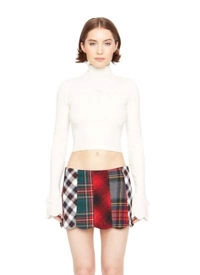 Danielle Guizio Ny Bow Knit Tie Pointelle Turtleneck In White