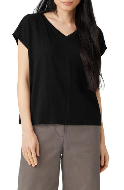 Eileen Fisher V-neck Organic Linen T-shirt In Black