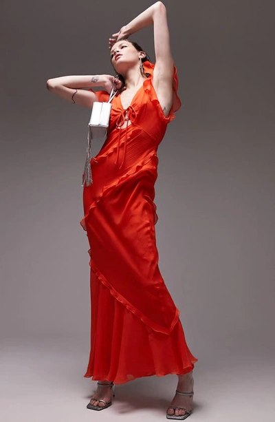 Topshop V Neck Frill Detail Midi Dress In Red | ModeSens