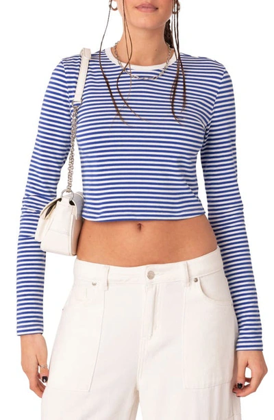 Edikted Montie Stripe Long Sleeve Crop Top In Blue Stripes