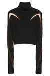 Mugler Harmony Crop Illusion Panel Wool Blend Rib Sweater In Black/ Tan