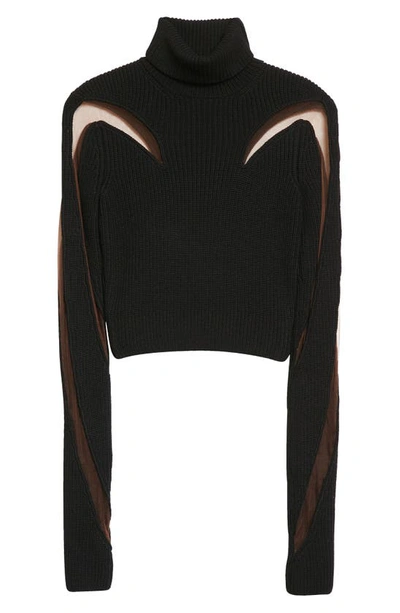 Mugler Harmony Crop Illusion Panel Wool Blend Rib Sweater In Black/ Tan
