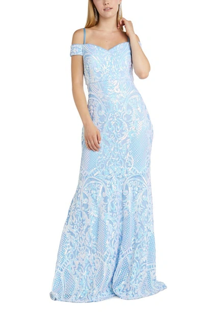 Morgan & Co. Sequin Off The Shoulder Gown In Blue