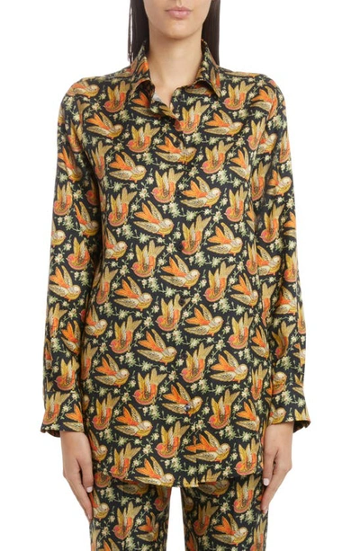 Etro Twill Shirt With Printed Birds In Black