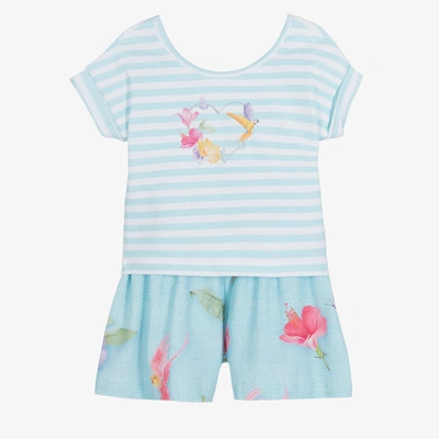 Lapin House Babies' Girls Blue Striped Floral Shorts Set