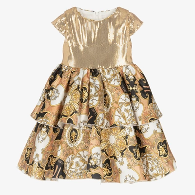 Alviero Martini Babies' Girls Gold Sequin & Satin Geo Arabic Dress
