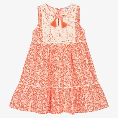 Mayoral Babies' Girls Orange Floral Print & Crochet Cotton Dress