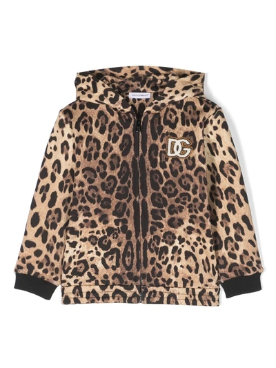 Dolce & Gabbana Girls Beige Leopard Print Zip Up Top In Braun
