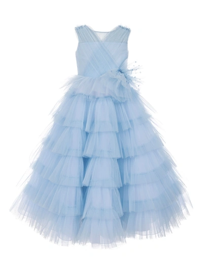 Marchesa Couture Kids' Girls Blue Pleated Tulle Bow Dress