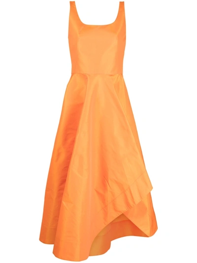 Alexander Mcqueen Poplin Midi Dress With Asymmetric Ruffle Slit In Orange
