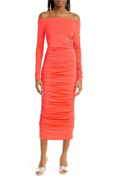 L Agence Kamali Ruched Off-shoulder Midi Dress In Neon Orange