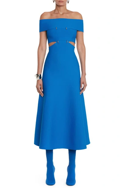 Alexander Mcqueen Cutout Off-the-shoulder Knit Midi Dress In Galactic Blue