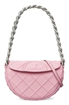 Tory Burch Mini Fleming Soft Crescent Bag In Pink Plie/silver