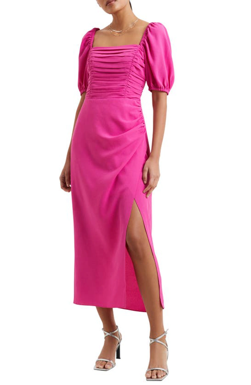 knee length dresses for ladies Angelina Satin Midi Dress in Fuchsia – Rhea Costa main image 0