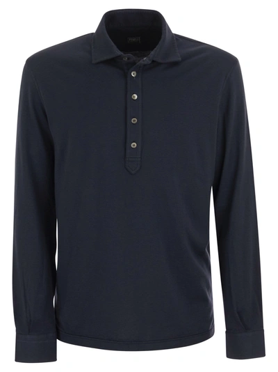 Fedeli Five - Long-sleeved Cotton Polo Shirt In Blue
