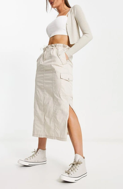 Asos Design Ruched Waist Midaxi Parachute Skirt In Stone-gray