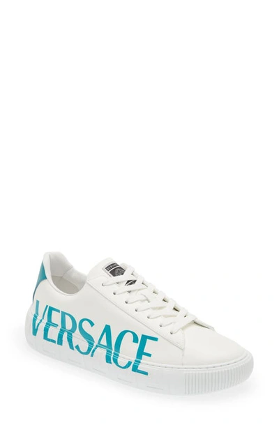 Versace La Greca Logo Low Top Sneaker In White/ Teal