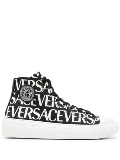 Versace La Greca Logo Print High Top Sneaker In Black