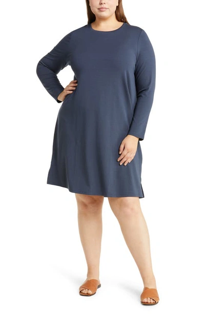 Eileen Fisher Crewneck Long Sleeve Jersey Shift Dress In Ocean