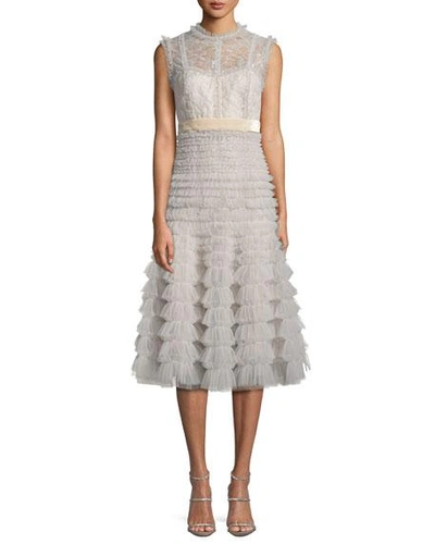 J Mendel Sleeveless Lace Midi Cocktail Dress W/ Tulle Skirt In Silver