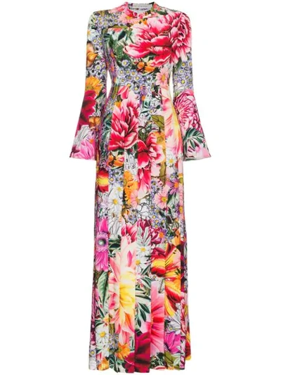 Mary Katrantzou Desmine Pleated Floral-print Crepe De Chine Gown In Pink&purple