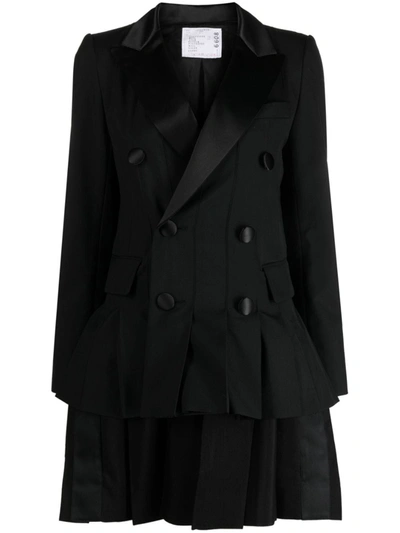 Sacai Pleated Blazer Jacket With Silk Underlay In Black