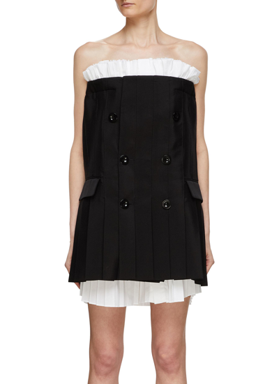 Sacai Strapless Suiting Bustier Dress With Ruffle Underlayer In Black