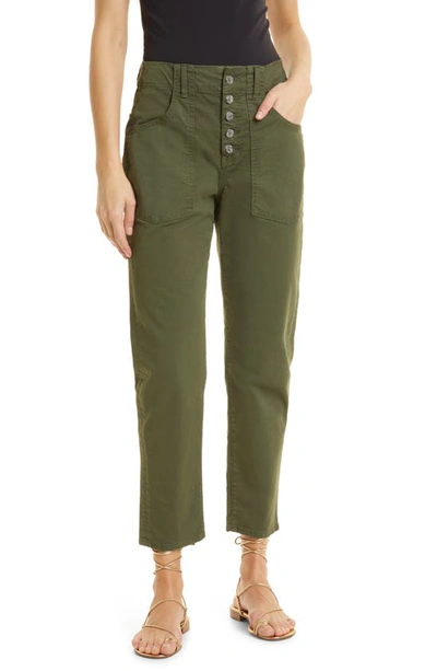 Veronica Beard Arya Straight Leg Button Front Stretch Cotton Pants In Army Green