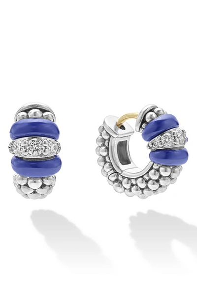 Lagos Blue Caviar Ceramic And Diamond Huggie Earrings In Sterling Silver In Blue/silver