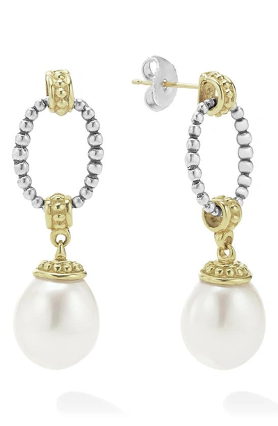 Lagos Luna Freshwater Pearl Drop Frontal Hoop Earrings In Silver