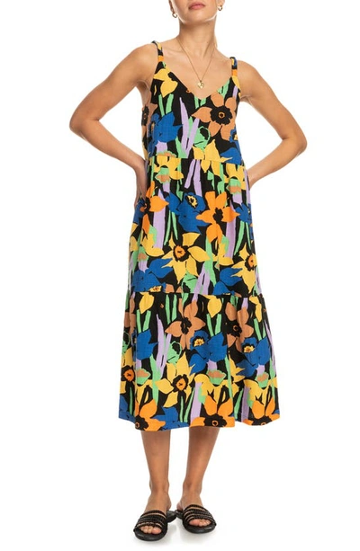 Roxy Juniors' Waiting Line Printed Tiered Midi Dress In Anthracite Flower Jammin