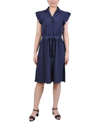 Ny Collection Petite Belted Short Flutter Sleeve Dress In Navy White Dot