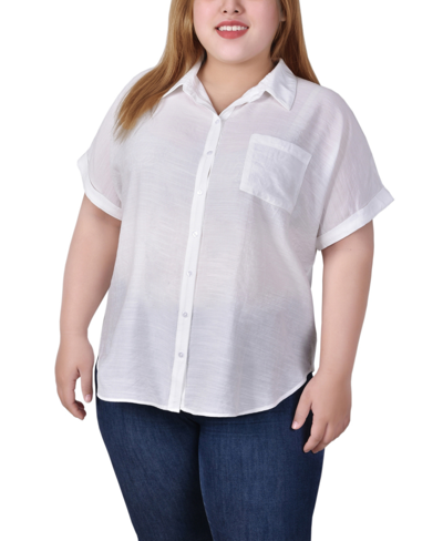 Ny Collection Plus Size Short Sleeve Woven Front And Jersey Back Top In White