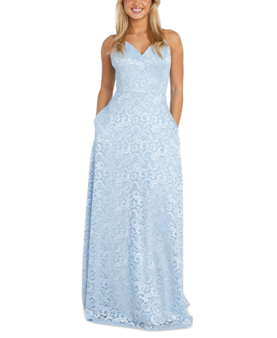 Nightway Petite Lace Sweetheart-neck Strappy-back Gown In Ice Blue