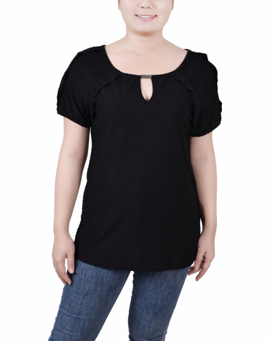 Ny Collection Petite Swiss Dot Short Sleeve Top In Black