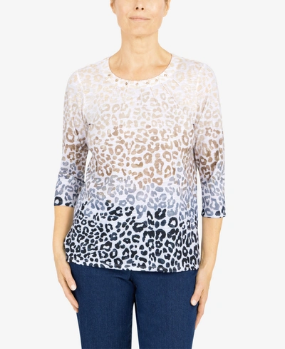 Alfred Dunner Petite Classics Animal Ombre Knit Top In Black/tan