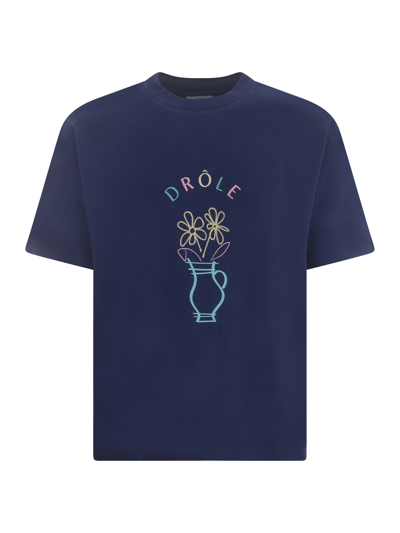 Drôle De Monsieur Pot De Fleurs Embroidered Cotton T-shirt In Blu