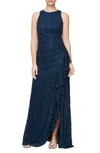 Alex Evenings Sequin Lace Cascading Ruffle Gown In Navy