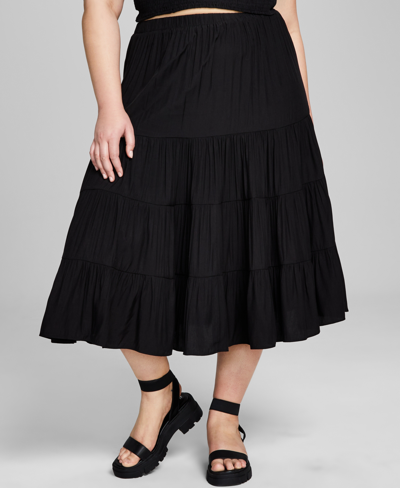 And Now This Plus Size Pull-on Tiered Midi Skirt In Black