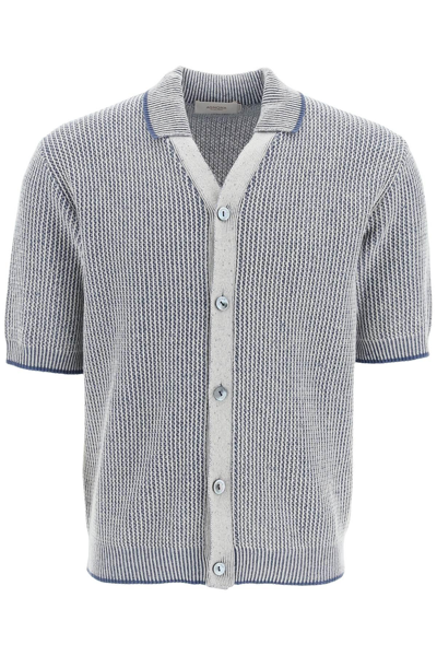 Agnona Short-sleeved Cotton Cachemire And Linen Cardigan In Blue,white