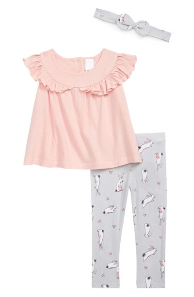 Harper Canyon Babies' 3-piece Ruffled Top Outfit In Pink Powder- Bunny Hearts
