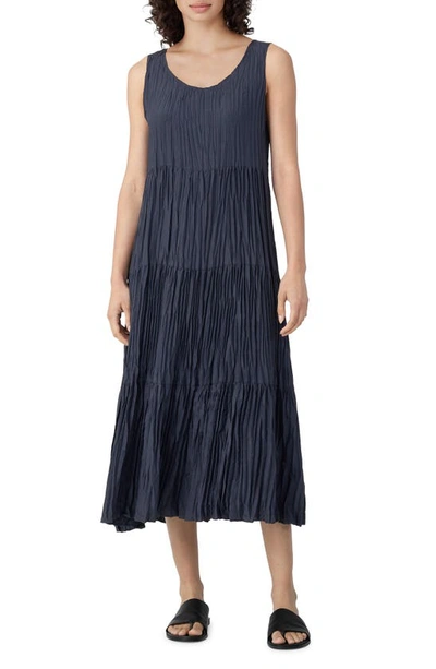 Eileen Fisher Tiered Pleated Silk Midi Dress In Ocean | ModeSens