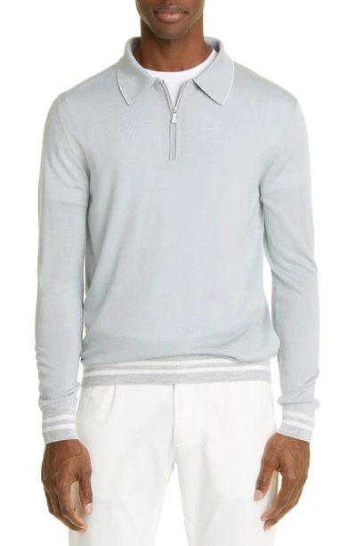 Eleventy Tipped Long Sleeve Merino Wool & Silk Zip Polo Sweater In Denim - Gray - White