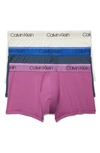 Calvin Klein Microfiber Stretch Wicking Low Rise Trunks, Pack Of 3 In Amethyst/silver Birch/midnight Navy