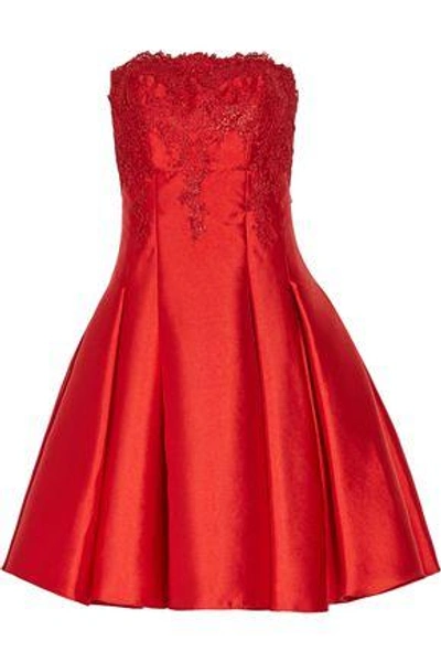 Mikael Aghal Woman Strapless Pleated Lace And Duchesse Satin-twill Mini Dress Red