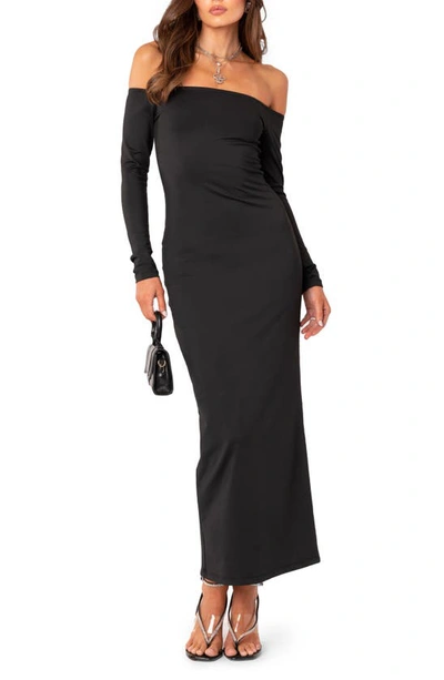 Edikted Trish Long Sleeve Off The Shoulder Dress In Black