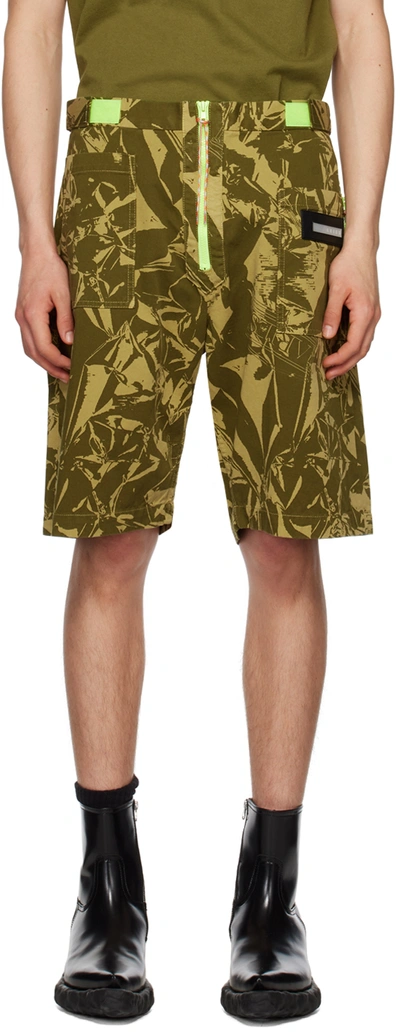 Aries Crinkle-print Twill Shorts In Army Green