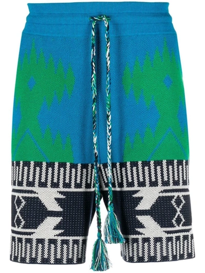 Alanui Blue And Green Cotton Piquet Icon Bermuda Shorts In Multi-colored