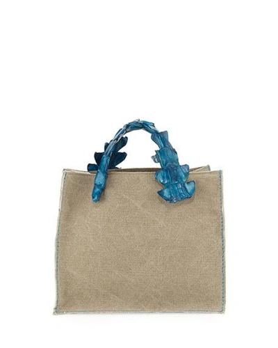Laboratorio Capri Greta Canvas Tote Bag W/crocodile Handles In Turquoise