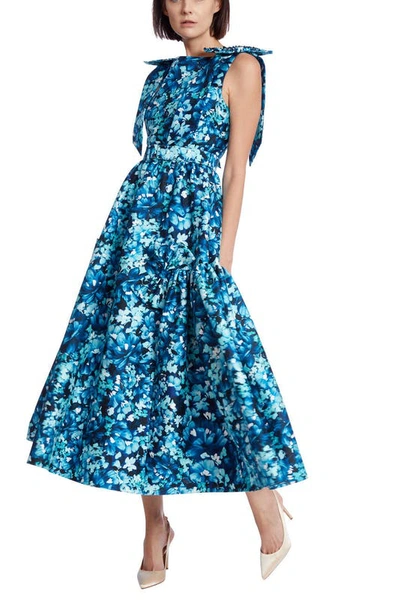 Badgley Mischka Printed Bow Shoulder Midi Dress In Blue | ModeSens